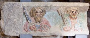 Oltárkép. polikróm kő. 14. század második fele. Eredeti egykori plébániatemplom Torre de Rialb. Részlet. Alsó regiszter. Bal oldali panel. Péter Pál evangélisták. alkotó: Unbekannt