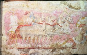 Amazonok, akik szekeret vezetnek, részlet az amazonok szarkofágjának oldaláról, Tarquinia, Kr. e. IV. század (tempera alabástromon) (85168. részlet) alkotó: Unbekannt