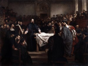 Anatómia lecon. Andre Vesale (1514-1564), flamand anatómus (Andrea Vesalius vagy Andries Van Wesel) Padovában (Padova), Olaszországban. alkotó: Unbekannter Künstler