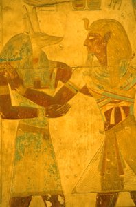 Ókori Egyiptom, Falfestés/faragás, I. szeti Anubisz istent ölelve, I. Seti temploma, Abydos