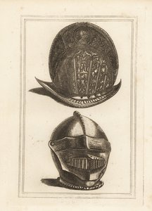 Katonai trófeákkal díszített ősi velencei morion sisak, valamint a londoni Towerből származó bordó sisak egységes arcellenzővel és sörrel alkotó: Unbekannt