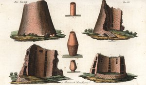 Ősi viking emlékek egy Skandináviához közeli német tartományból, valamint néhány dán és svéd sírokból származó urna. Giarre és Stanghi kézzel színezett rézmetszete Giulio Ferrario: A világ népeinek ősi és modern viseletei című művéből. alkotó: Unbekannter Künstler