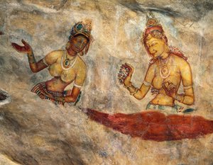 Apsarák, virágokat kínáló mennyei nimfák, freskó, Sigiriya erődített fellegvára (UNESCO világörökségi lista)