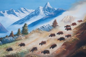 Művészet; egy jakcsorda festése az Ama Dablam-hegy alatt; vidéki élet; galéria Katmanduban; Nepál; Ázsia alkotó: Unbekannt