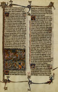 Artúr-legenda (a Szent Grál keresése) : Benoic üldözi a szászokat és a Danablaise-i csata két illumináció a 13. században, 1280-1290 között készült Merlin története című kéziratból. alkotó: Unbekannter Künstler