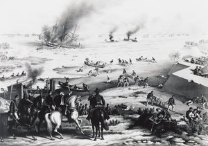 Battle of Hampton Roads vagy Battle of Ironclads, a USS Monitor és a CSS Virginia (jobbra), március 9. alkotó: William M. Timlin