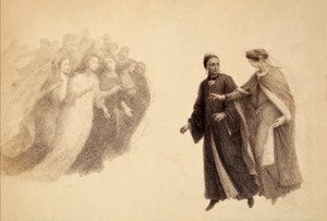 Beatrice, a Paradicsom égboltján, a lelkek egy csoportját jelzi Danténak. Illusztráció Dante Alighieri Isteni komédiájának Paradiso III. énekéhez. Franceso Scaramuzza műve, amelyet a firenzei önkormányzatnak szentelt. alkotó: Unbekannter Künstler