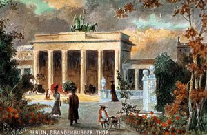 Berlin - Brandenburger Thor. A Brandenburgi kapu látképe, virágokkal és járókelőkkel, 19/20. század vége (nyomat) alkotó: Unbekannter Künstler