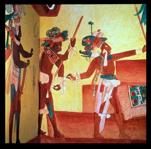 A bonampak urak tollas jelmezben ünnepelve táncolnak a katonai győzelem után, Maya 800 körül (freskó) alkotó: Unbekannter Künstler