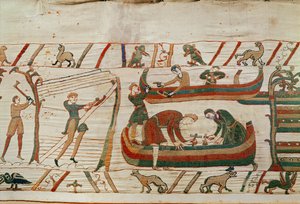 Hajóépítés Vilmos herceg parancsára, Bayeux Gobelin (gyapjú hímzés vászonra) alkotó: Unbekannt