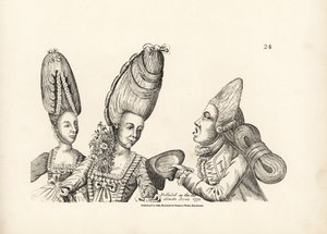 Karikatúra a 18. század végi divatról: magas parókás nő, keblén virágoskert, és makrancos nő magas parókában, hátul összefogott extravagáns hajtömeggel. Rézmetszet Timothy Bobbin szatirikus illusztrációja után (John alkotó: Unbekannter Künstler