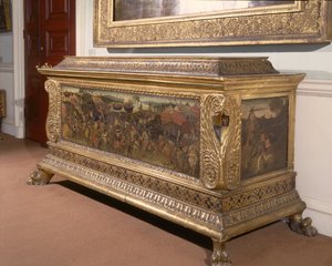 Cassone, festett panelekkel, amelyek a pharsaliai csatát ábrázolják Pompeius és Caesar történetéből, a firenzei iskola alkotó: Unbekannt