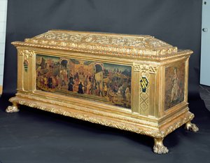 Cassone Scipio kontinenciáját ábrázoló táblákkal, valamint Erősség és Megfontoltság allegóriáival, Apollonio di Giovanni 1460-65 körüli műhelyének tulajdonítva (tempera a panelen) alkotó: Unbekannt