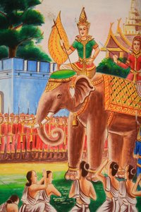 Mennyezeti alkotás, amely Buddha életét ábrázolja. Wat Si Sou Mang Karam templom. Vieng Vang. Laosz, 20151102, Vieng Vang, Laosz alkotó: Unbekannt