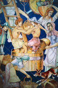 Betakarítást ábrázoló kerámia csempe panel, Vietri sul Mare, Campania, Olaszország, részlet alkotó: William M. Timlin
