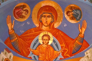 Chancel mennyezeti freskó a Pedoulas ortodox templomban. Szűz és gyermek, 20150510, Pedoulas, Ciprus alkotó: Unbekannt
