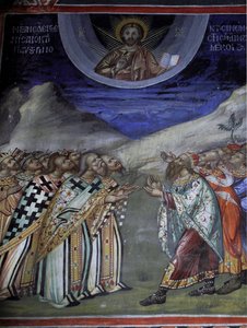 Krisztus a dicsőségben irányítja a világi és szellemi erőket Bizánci freskó Agios Ioannis Lampadistis kolostorból, Saint-John Lampadistis 11. századi Ciprus Festett templomok UNESCO-hely Troodos, Ciprus alkotó: William M. Timlin