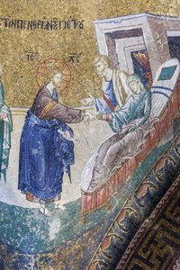 Krisztus meggyógyítja Péter anyósát, mozaik a Cora templomban, Isztambulban, Törökországban alkotó: Unbekannter Künstler