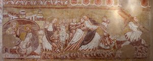 Templom (Église Saint-Martin). Belső. Falfestmények (freskó). A kórus északi fala. Részlet. Krisztus letartóztatása, lábmosás. 12. század. alkotó: Unbekannt
