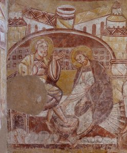 Templom (Église Saint-Martin). Belső. Falfestmények (freskó). A kórus északi fala. Részlet. lábmosás. 12. század. alkotó: Unbekannt