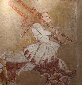 Templom (Église Saint-Martin). Belső. Falfestmények (freskó). A kórus északi fala. Részlet. Cirénei Simon a keresztet hordozó. 12. század. alkotó: Unbekannt