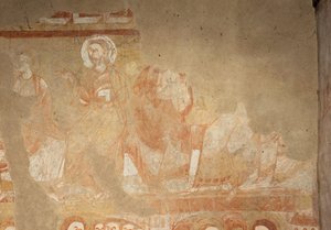 Templom (Église Saint-Martin). Belső. Falfestmények (freskó). A hajó nyugati fala. Részlet. Apostolok. 12. század. alkotó: Unbekannt