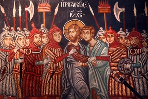 Mihály arkangyal temploma. Freskó. Jézus Krisztust letartóztatták, 20150510, Pedoulas, Ciprus alkotó: Unbekannt