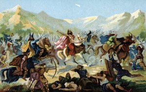 I. Klodvig (466-511), a frankok királya a 496-os tolbiai csatában, az alamannok germán törzse ellen vívott csatában megfogadta, hogy győzelme esetén áttér. A 19. század vége (kromolitográfia) alkotó: Unbekannter Künstler