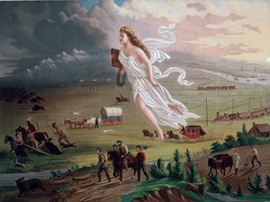 A kinyilvánított végzet fogalma: Az amerikai úttörőket és a vasutakat nyugat felé vezeti, az indián őslakosok, a bölény és a medve pedig visszavonul előttük. Kromolitográfia 1873 körül.