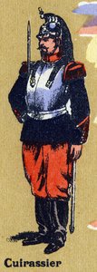 Cuirassier katona egyenruhában. Illusztrált ábécé. A képek a 20. század elején Jarville-Nancyben újra egyesültek. Mérete: 40x29 cm. Litográfia bisztre alapon alkotó: Unbekannt