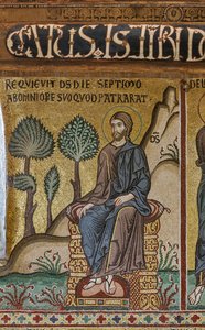 Mozaikciklus az Ószövetségről, Teremtés ciklusa: "A Teremtő nyugodalma a hetedik napon", XII. század, A Nádor-kápolna, Királyi Palota vagy Palazzo dei Normanni (Normannok palotája), Palermo, Szicília, Olaszország ( fénykép) alkotó: Unbekannter Künstler