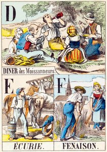 D E F: Diner des Moissonneurs, Ecurie, Fenaison - "A farm ábécéje" 19. század vége (metszet) alkotó: Unbekannt