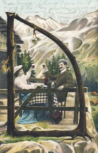 D: Egy férfi és egy nő ül egy asztalnál egy hegyi faház előtt, poharakat koccint, kezükben egy pohár bor – Ábécé karakterei Ref Th. E., L. Theochrom – 994. sorozat. Theodor Eisman, kiadó, Lipcse alkotó: Unbekannt