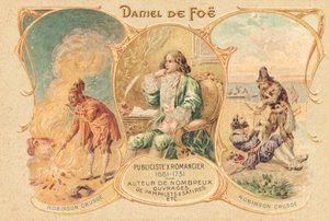 Daniel Defoe at his writing desk and his famous work (print) alkotó: Unbekannter Künstler