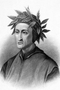 Dante Alighieri (1265-1321) olasz író (Isteni komédia), itt babérkoszorúval, metszet. alkotó: Unbekannter Künstler