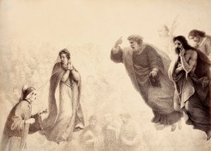 Dante és Beatrice Péter, Jakab és János apostolok ragyogó szellemei előtt. Péter a harag jeleként felemeli a karját. Illusztráció Dante Alighieri Az isteni komédia Paradiso című művének XXVII. énekéhez. Francesco Scaramuzza műve, amelyet a következőknek sz alkotó: Unbekannter Künstler
