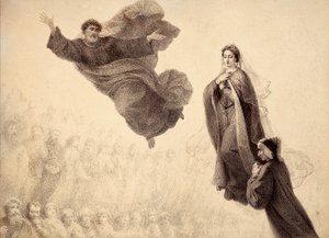 Dante és Beatrice találkozik Szent Péterrel. Dante Alighieri Isteni komédiájának Paradiso XXIV. énekének illusztrációja. Francesco Scaramuzza műve, amelyet a firenzei önkormányzatnak szentelt. alkotó: Unbekannter Künstler