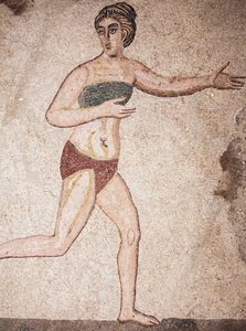 Részlet a Tíz Leány Kamrájából vagy a „Bikinis lányok” mozaikjáról. Futó. 3. - 4. század. Casale római villa, Szicília. UNESCO helyszín. alkotó: Unbekannt