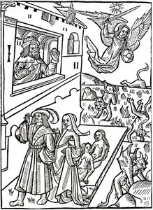 Az ördögöket Szent Mihály arkangyal üldözi, míg az emberek folytatják tevékenységüket