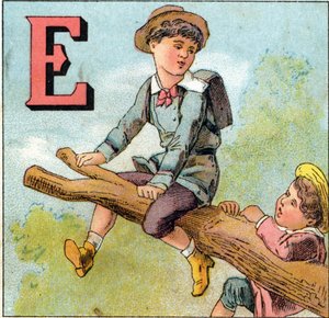 E betűk: fiú egyensúlyban egy faágon. Metszet „Alphabet des petits ecoliers” felirattal. Az Epinal képalkotása, 1885 körül. Privee Collection alkotó: Unbekannt
