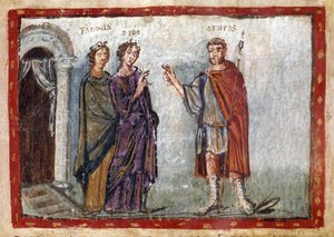 Vergilius Aeneisének (Kr. e. 70-19) epizódja: Aeneas és Dido ábrázolása. Dido megpróbálja visszatartani Aeneast. A kétségbeesésbe esett Dido öngyilkos lesz. Miniatúra a "Codex Vaticanus Latinus 3225 vagy Vergilius Vaticanus" 36. fóliójából. 5. század. Bibl alkotó: Unbekannter Künstler