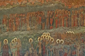 Európa, ROMÁNIA, Bukarest, Patriarchális ortodox székesegyház (1656), falfreskó a bejárat mellett alkotó: Unbekannt