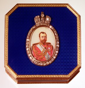 Faberge kék zománcdoboz, II. Miklós cár arcképével alkotó: Unbekannt