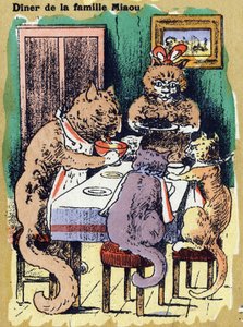 Családi vacsora miau. Illusztrált ábécé. A képek a 20. század elején Jarville-Nancyben újra egyesültek. Mérete: 40x29 cm. Litográfia bisztre alapon alkotó: Unbekannt
