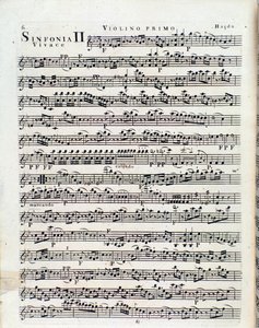 J Haydn 2. szimfóniájában hegedűre írt kotta első oldala alkotó: Unbekannter Künstler