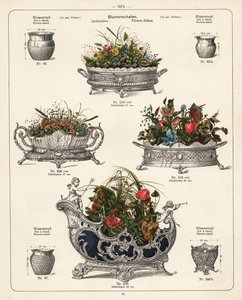 Virágtartók, virágtartók, virágtálak, vázák és kerti tálak. Litográfia a Württemberg Metalware Factory, Geislingen, Németország által gyártott fémtermékek katalógusából. alkotó: Unbekannter Künstler