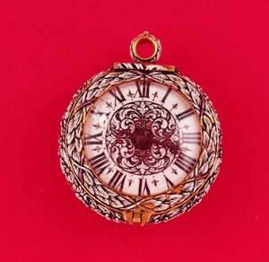 Francia zsebóra arany tokkal, domborművel zománcozott fehér virágokkal és fekete jelzésekkel, Goullonstól, 1650 körül (lásd még: 66858) alkotó: Unbekannt