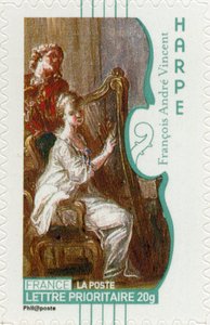 Francia postabélyeg, amelyen egy nő hárfán játszik, François-André Vincent francia művész festményéről - alkotó: Unbekannt