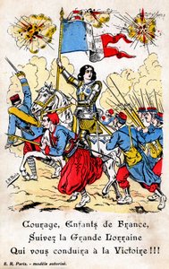 Francia képeslap, amelyen Joan of Arc francia katonákat vezet a háborúba alkotó: Unbekannt