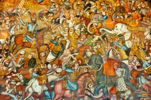 Freskó; csata; Nadir Shah csatája a karnali csatában; 1739; lovon; Mohammed Shah Gurkani szultán ellen fehér elefánton; Chehel Sotoun; Negyvenoszlopos palota; Iszfahán; Irán; Ázsia alkotó: Unbekannt